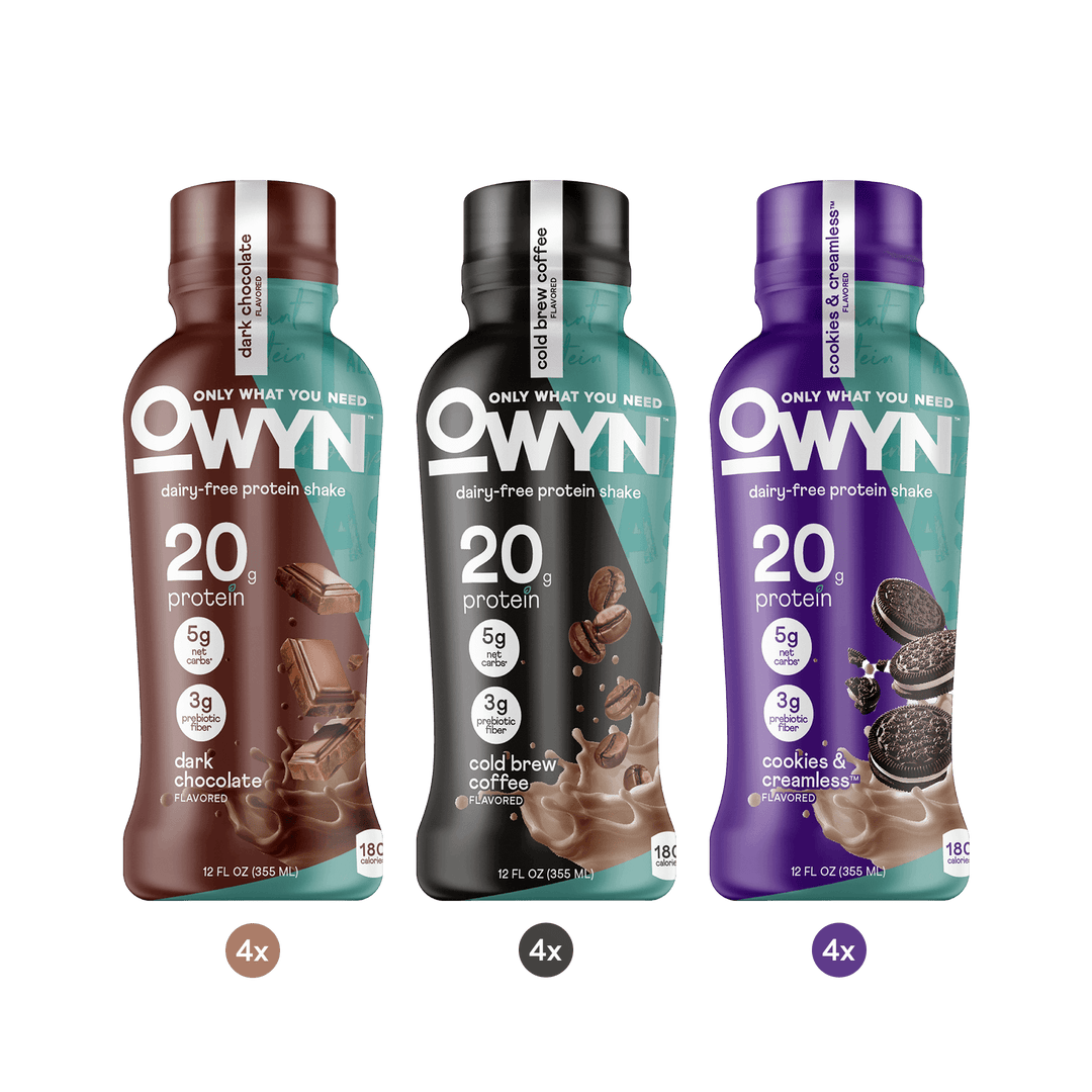 Three bottles of Owyn non-dairy protein shakes - Dark Chocolate, Cold Brew Coffee, Cookies and Creamless Protein Shake Variety Pack