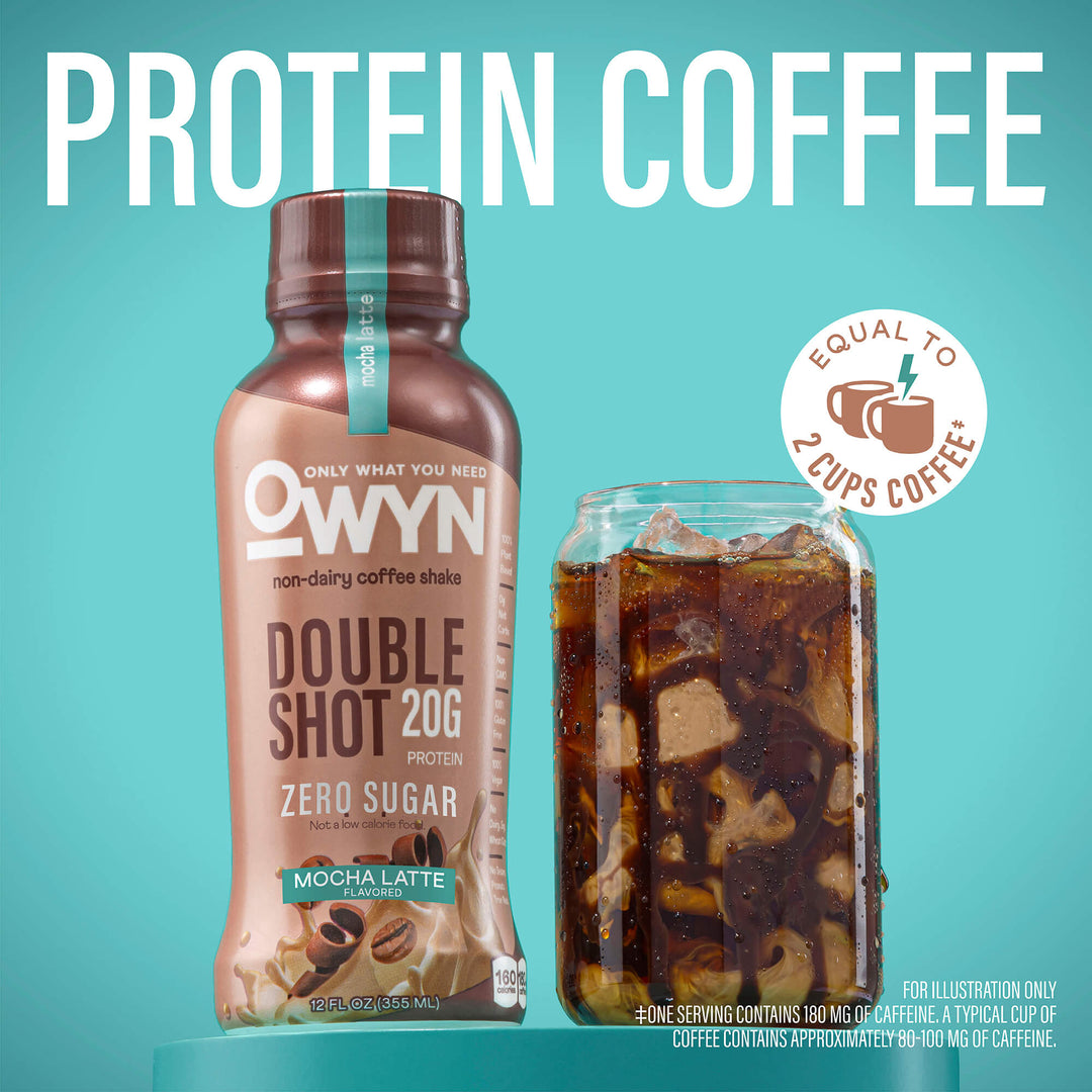 OWYN Mocha Latte Doubleshot Protein Coffee Shake bottle with a glass of iced coffee on a teal background