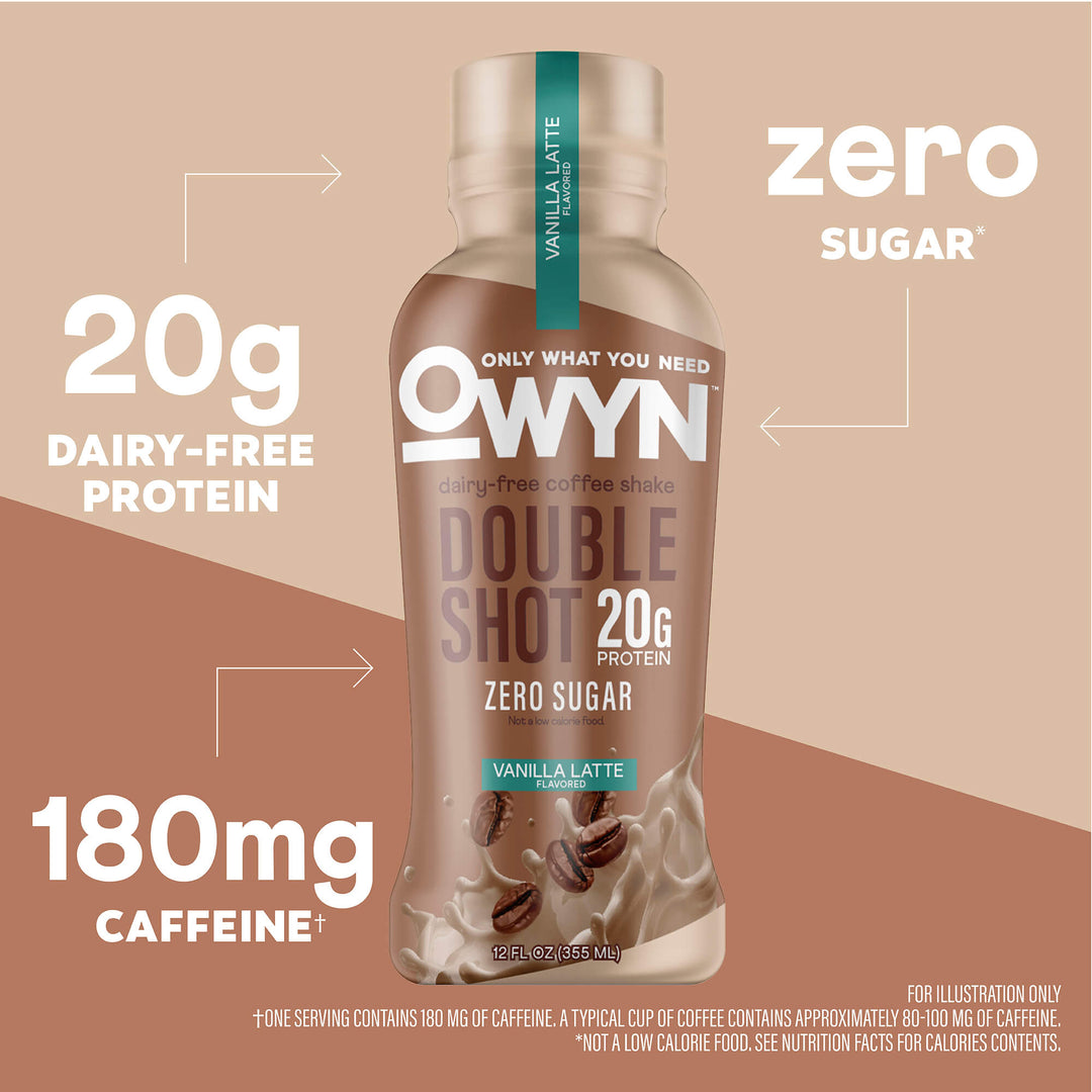 OWYN Vanilla Latte Doubleshot Protein Coffee Shake bottle with nutritional information on a beige background