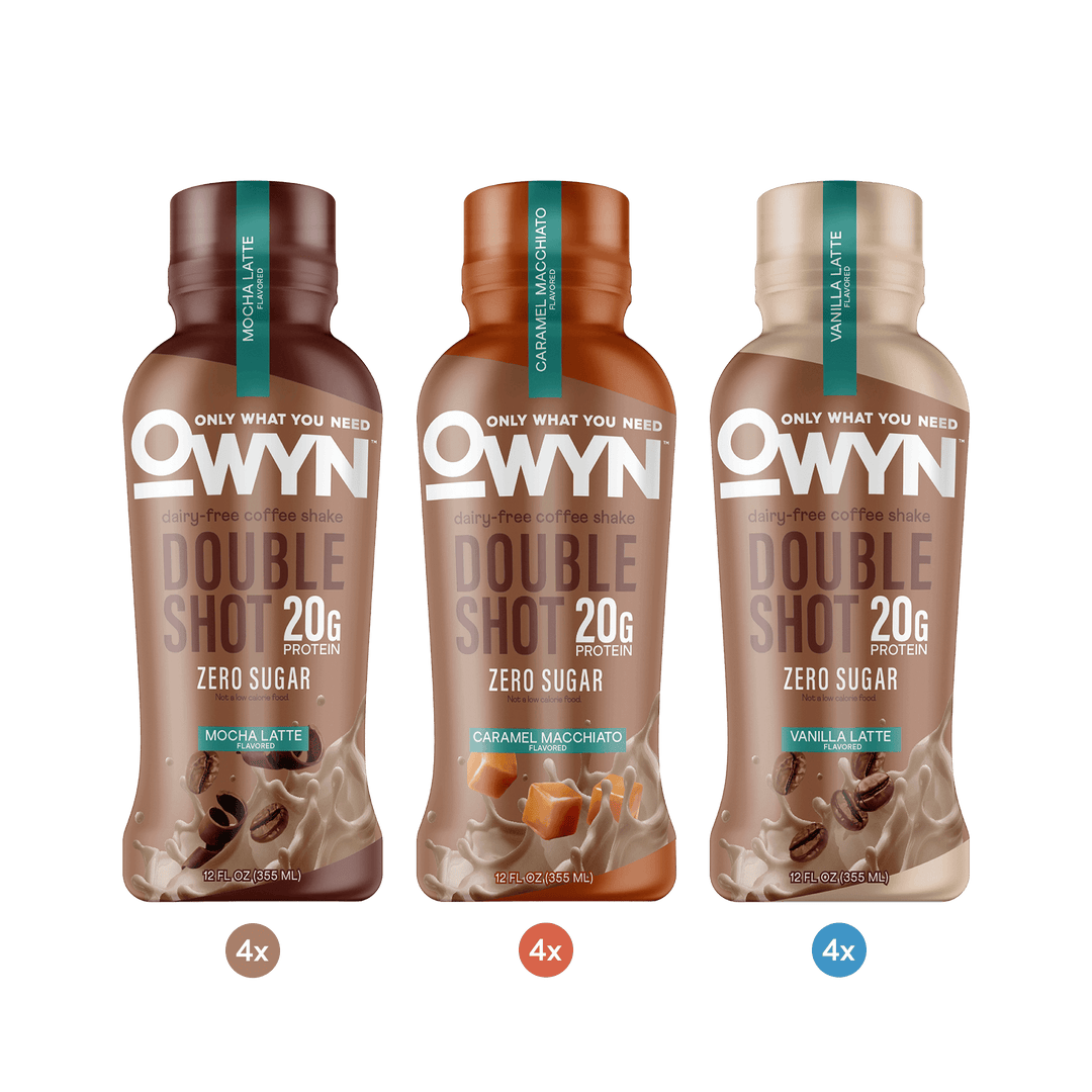 Three OWYN Double Shot protein drinks - Mocha Latte, Vanilla Latte, Caramel Macchiato Doubleshot Protein Coffee Shake Variety Pack