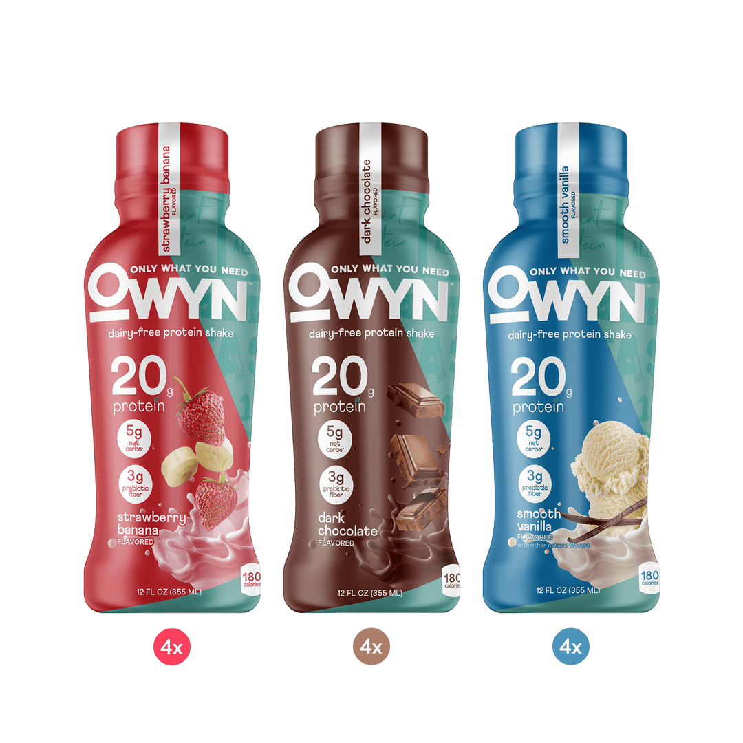 Three bottles of Owyn protein shakes -  Strawberry Banana, Dark Chocolate, Smooth Vanilla Protein Shake Variety Pack