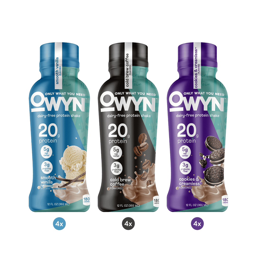 Three bottles of Owyn protein shakes - Smooth Vanilla, Cold Brew Coffee, Cookies & Creamless Protein Shake Variety Pack