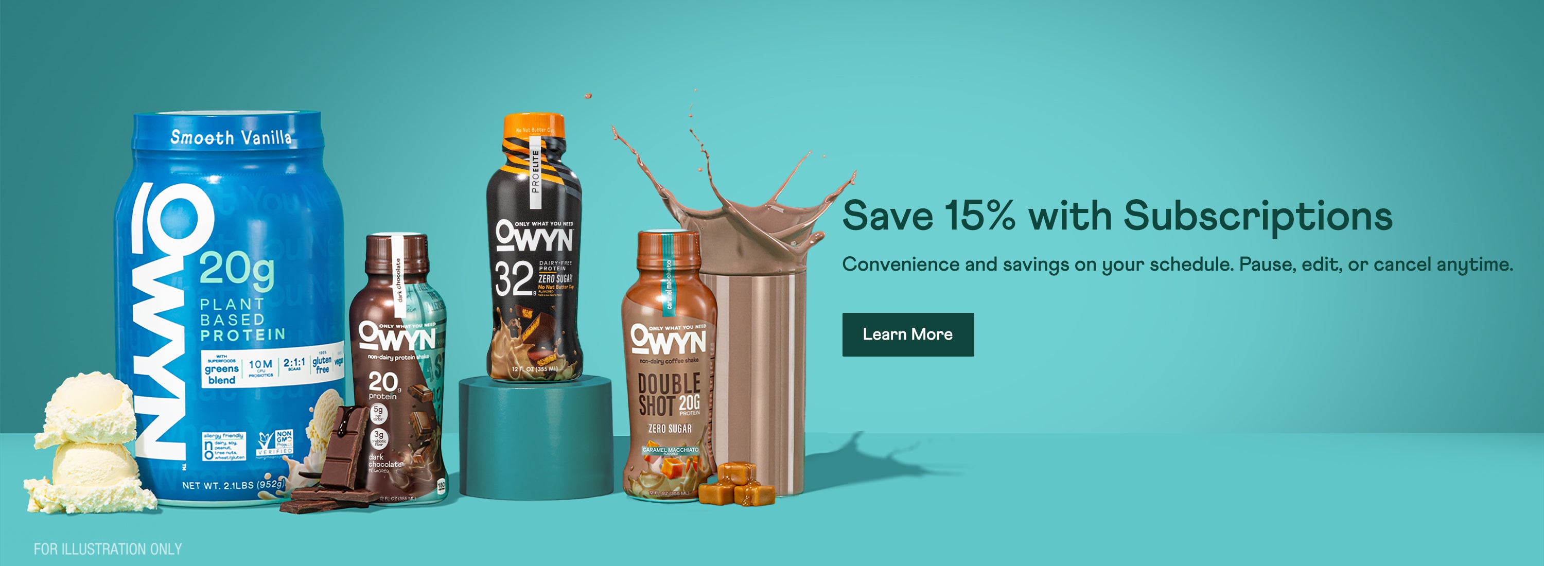Save 15% with subscriptions. Convenience and savings on your schedule. Pause, edit, or cancel anytime. Learn more. Banner shows a variety of Owyn products on a blue background.