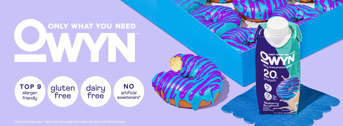 Owyn (logo), only what you need. Top 9 allergen friendly. Gluten free. Dairy free. No artificial sweeteners*. (Image is) for illustration only. *Sweetened with monk fruit which has been further processed.  Banner shows a box of purple-and-blue glazed donuts with a bitten one in front, next to an OWYN protein drink. 
