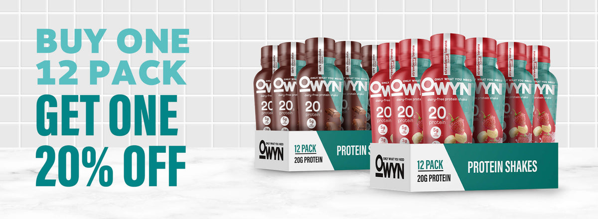 Text reads "Buy one 12 pack, get one 20% off." Promotes a discount offer. Image of two packs of protein shakes - one features chocolate flavor, the other strawberry on a tiled background. 