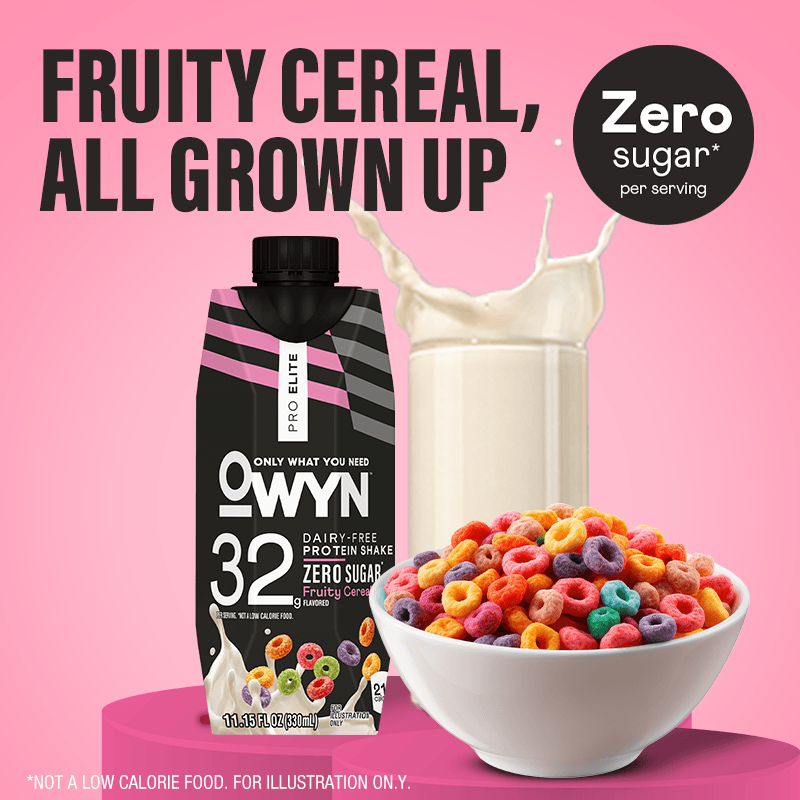 OWYN Pro Elite Zero Sugar Fruity Cereal dairy-free protein shake with a bowl of colorful cereal, milk splash, and zero sugar callout on a pink background.