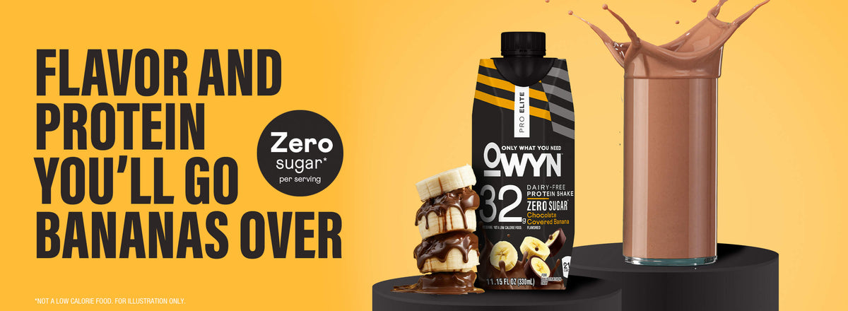 OWYN Pro Elite Zero Sugar Chocolate Covered Banana dairy-free protein shake with chocolate-covered banana slices, a chocolate shake, and zero sugar callout on a yellow background.