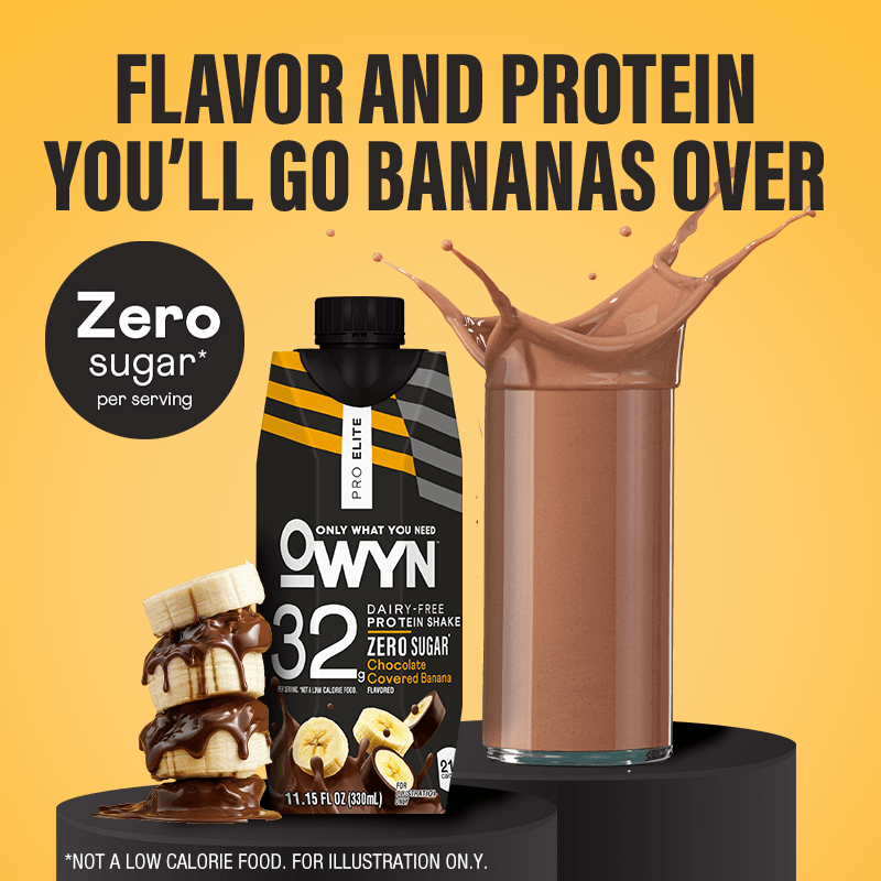 OWYN Pro Elite Zero Sugar Chocolate Covered Banana dairy-free protein shake with chocolate-covered banana slices, a chocolate shake, and zero sugar callout on a yellow background.