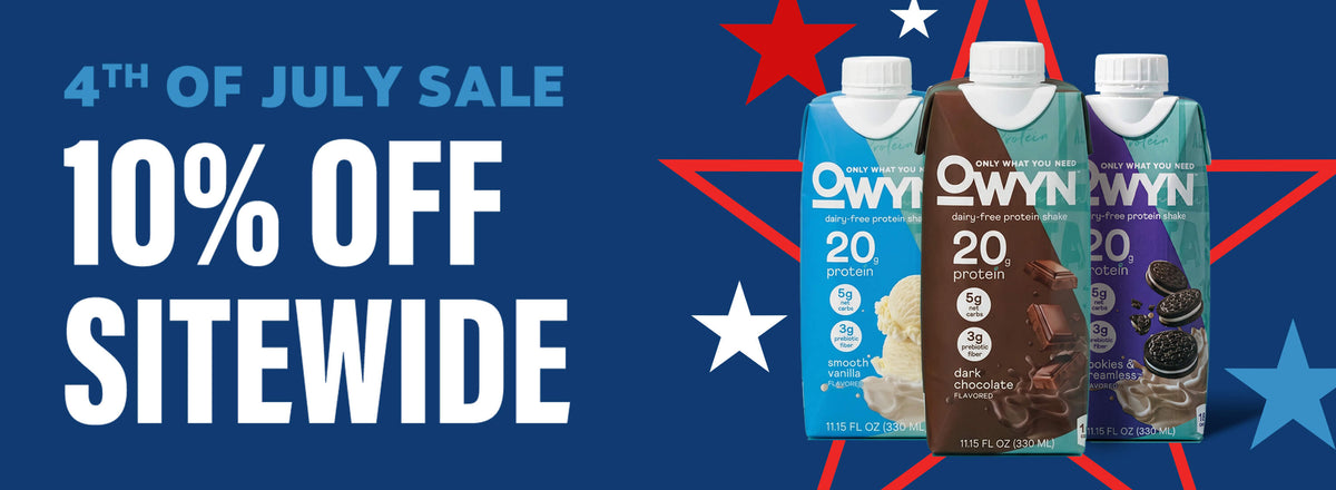 4th of July Sale banner with '10% Off Sitewide' in bold letters. Three OWYN protein drink cartons in blue and brown, with stars and patriotic colors.