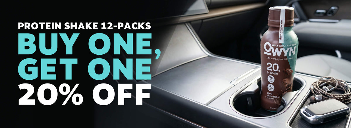 OWYN Dark Chocolate dairy-free protein shake in a car cup holder with Buy One, Get One 20% Off promotion on 12-pack protein shakes.