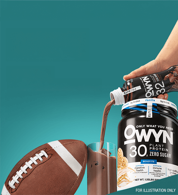 A hand pours chocolate plant protein shake into a glass, next to a container labeled "OWYN 30g Zero Sugar." A football lies beside the glass.