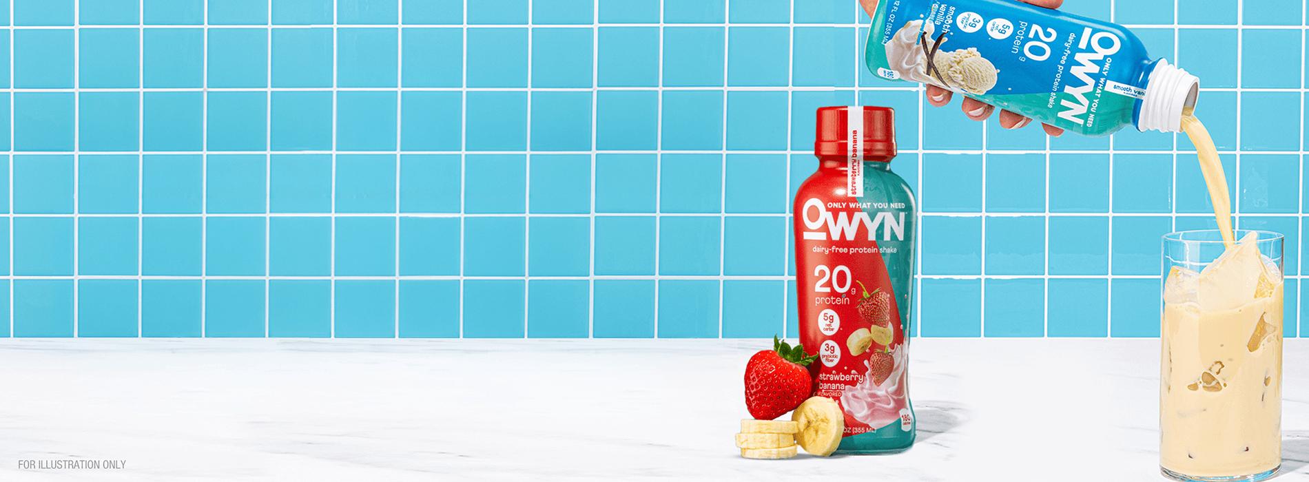A red OWYN protein drink bottle is beside strawberries and banana slices on a white surface. A blue bottle pours a creamy liquid into a glass. The background features blue tiles.