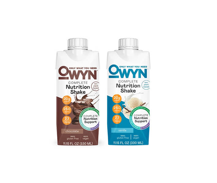 Two OWYN Complete Nutrition Shakes in white background