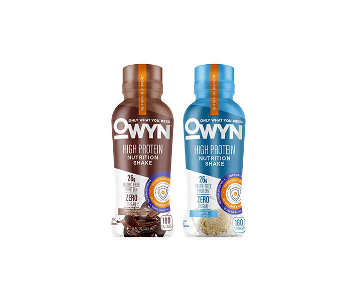 two OWYN High Protein Complete Nutrition Shakes in white background