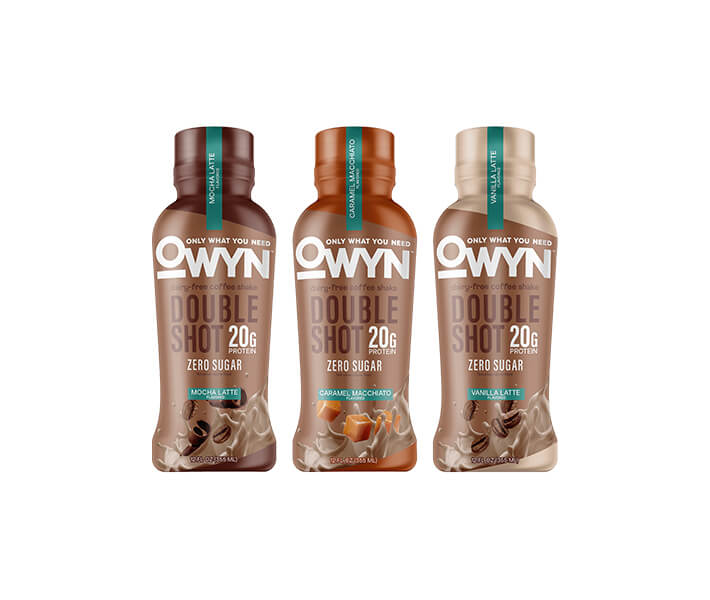 Three OWYN double shot zero sugar shakes on a white background