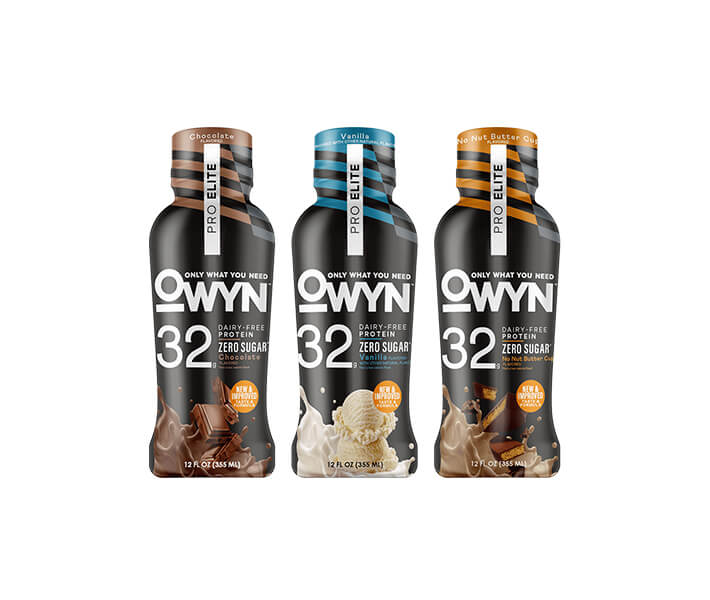 Three OWYN dairy free zero sugar protein drink shakes on a white background