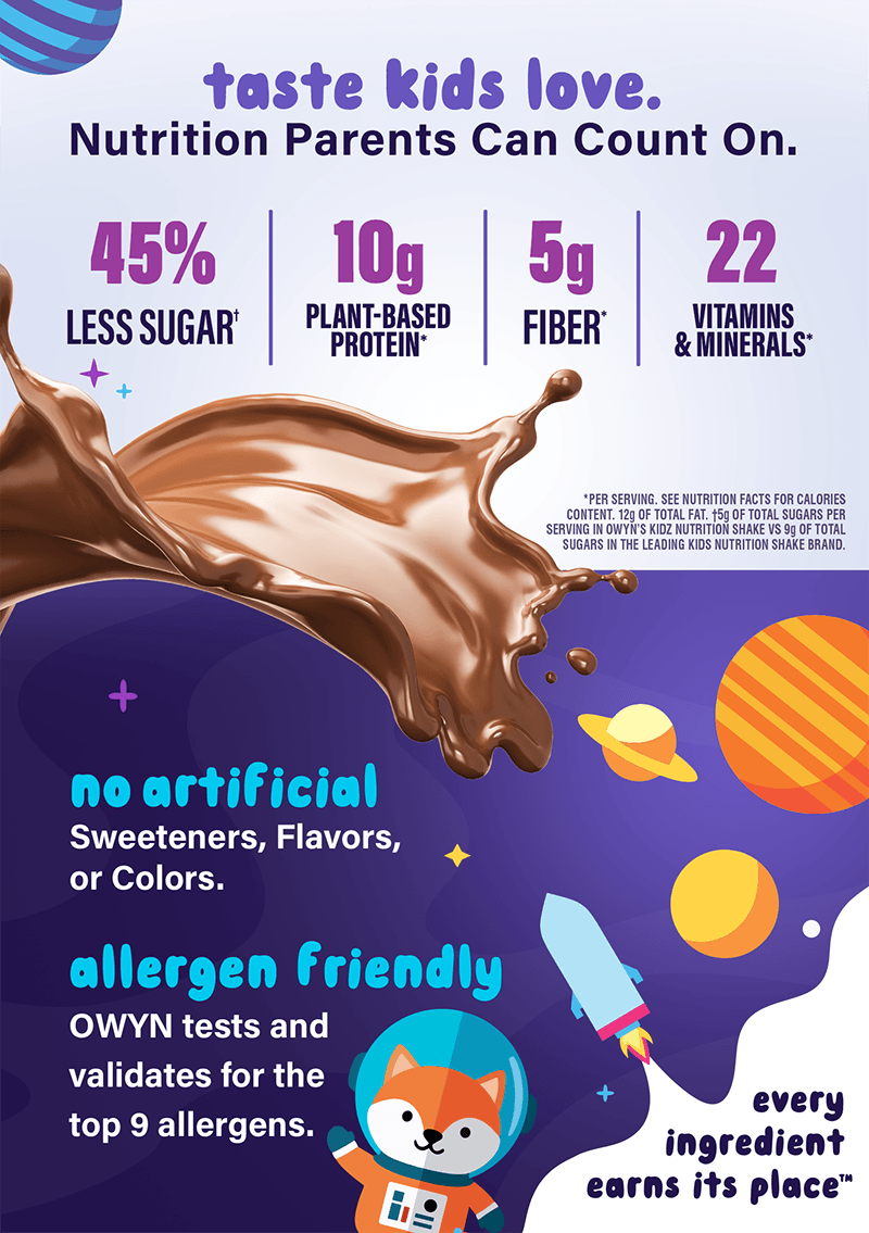 Taste kids love. Nutrition parents can count on. 45% less sugar. 10 grams plant-based protein. 5 grams protein. 22 vitamins & minerals, per serving. (see nutritional facts for calories content. 12 grams of total fat. 5 grams of total sugar per serving in Owyn's kidz nutrition shake versus 9 grams of total sugars in the leading kids nutrition shake brand. No artificial sweeteners, flavors or colors. Allergen friendly. Owyn tests and validates for the top 9 allergens. Every ingredient earns its place.