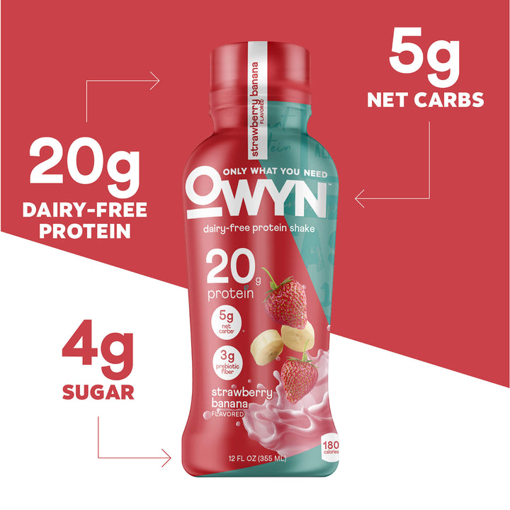 Strawberry Banana Protein Shake bottle in red and white background; with 20g dairy-free protein; 4g sugar; 5g net carbs