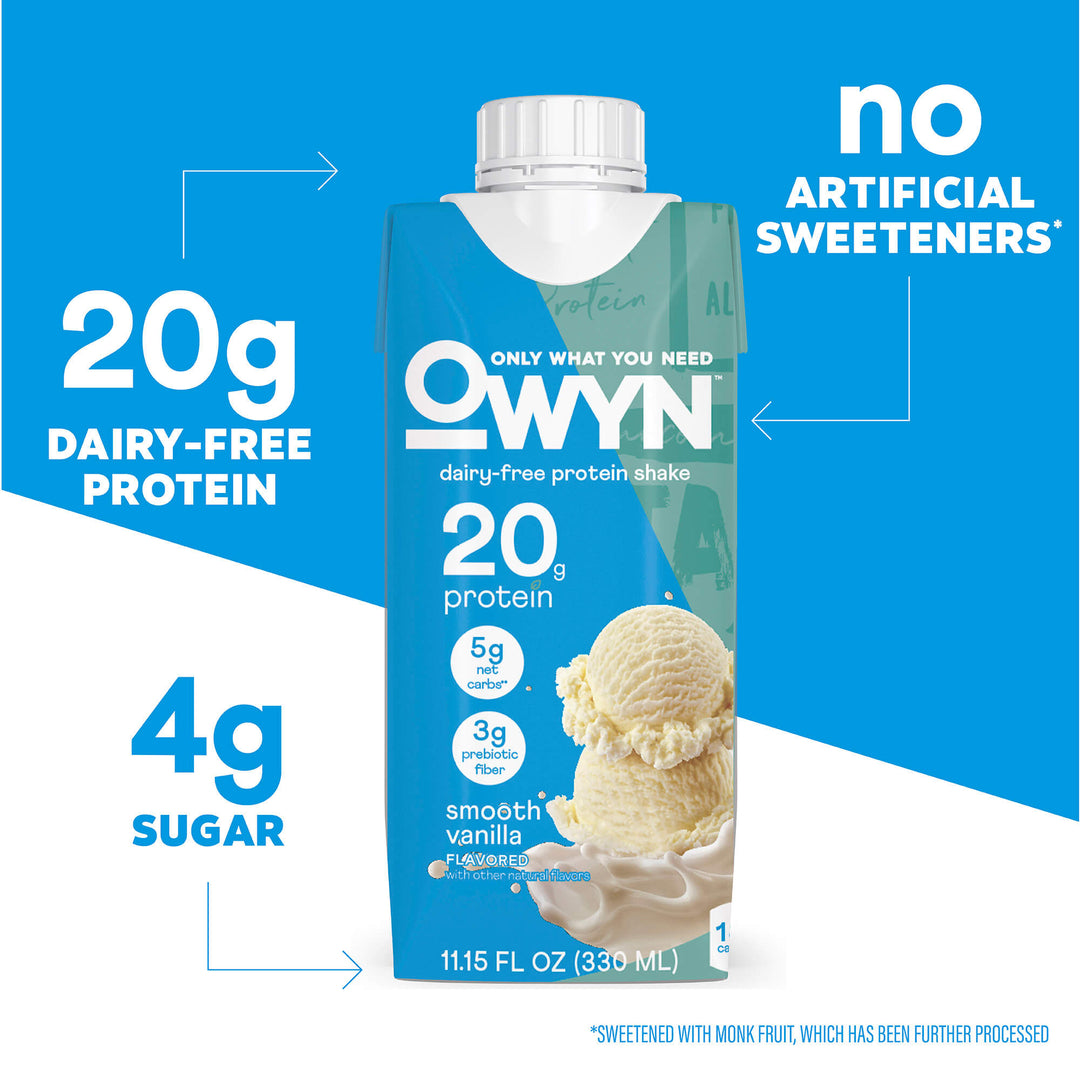 OWYN Smooth Vanilla Protein Shake shake packaging with nutritional information on a blue and white background