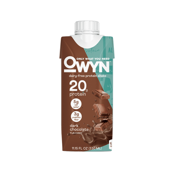 OWYN dark chocolate protein shake packaging in carton