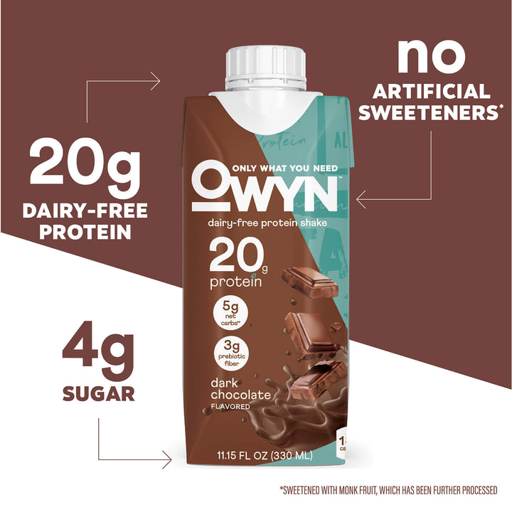 OWYN dairy-free Dark Chocolate Protein Shake packaging with nutritional information on a brown background