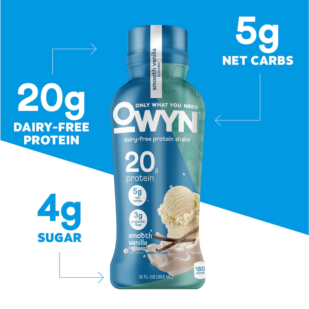 Owyn Smooth Vanilla Protein Shake bottle with nutritional information on a blue and white background