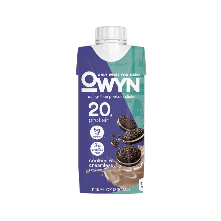 OWYN dairy-free Cookies and Creamless Protein Shake packaging with blue and green design in carton