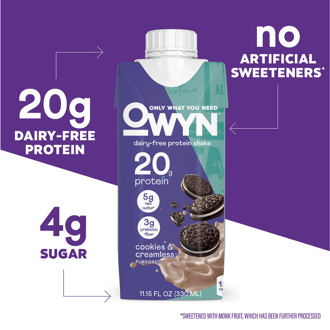 OWYN dairy-free Cookies and Creamless Protein Shake packaging with nutritional information on a purple background
