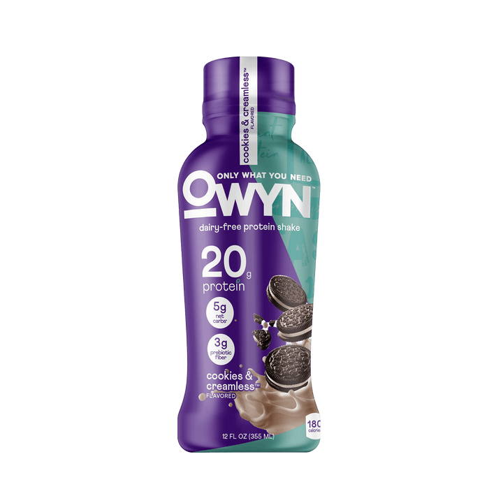 OWYN Cookies and Creamless Protein Shake bottle with purple and teal design