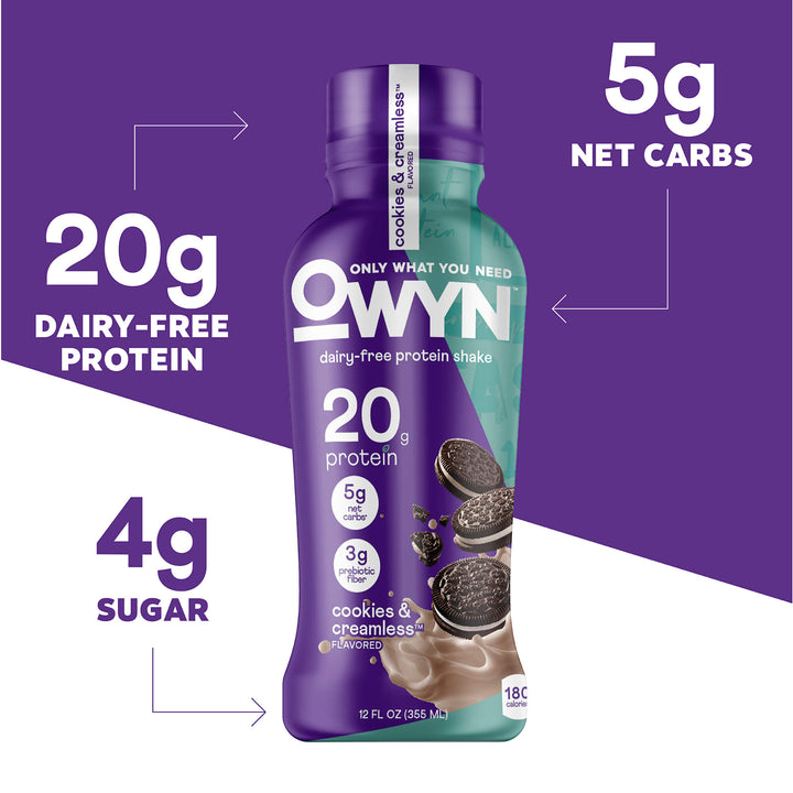 OWYN Cookies and Creamless Protein Shake bottle with nutritional information on a purple and white background