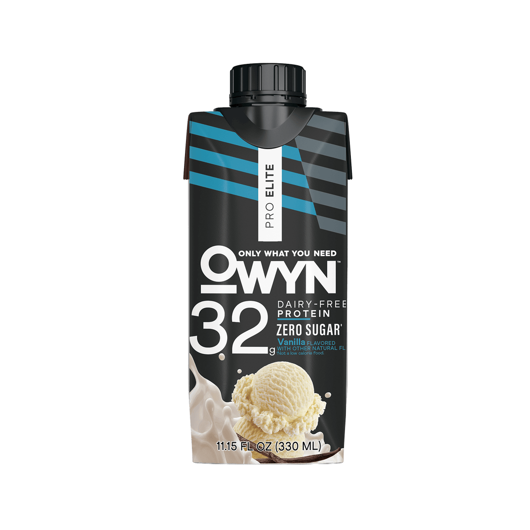 OWYN 32 dairy-free Smooth Vanilla Pro Elite Protein Shake packaging in carton