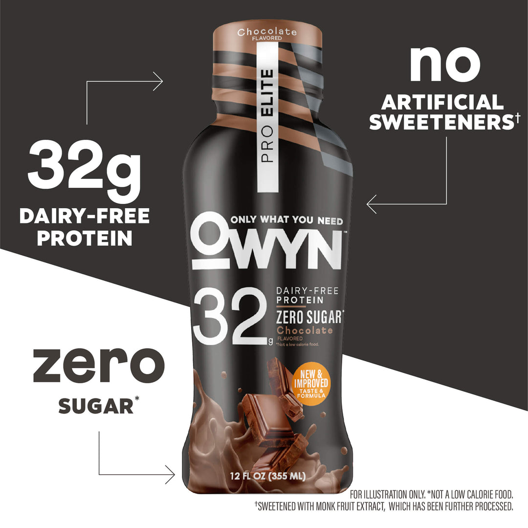 OWYN Chocolate Pro Elite Protein Shake on a white background with Ingredients 