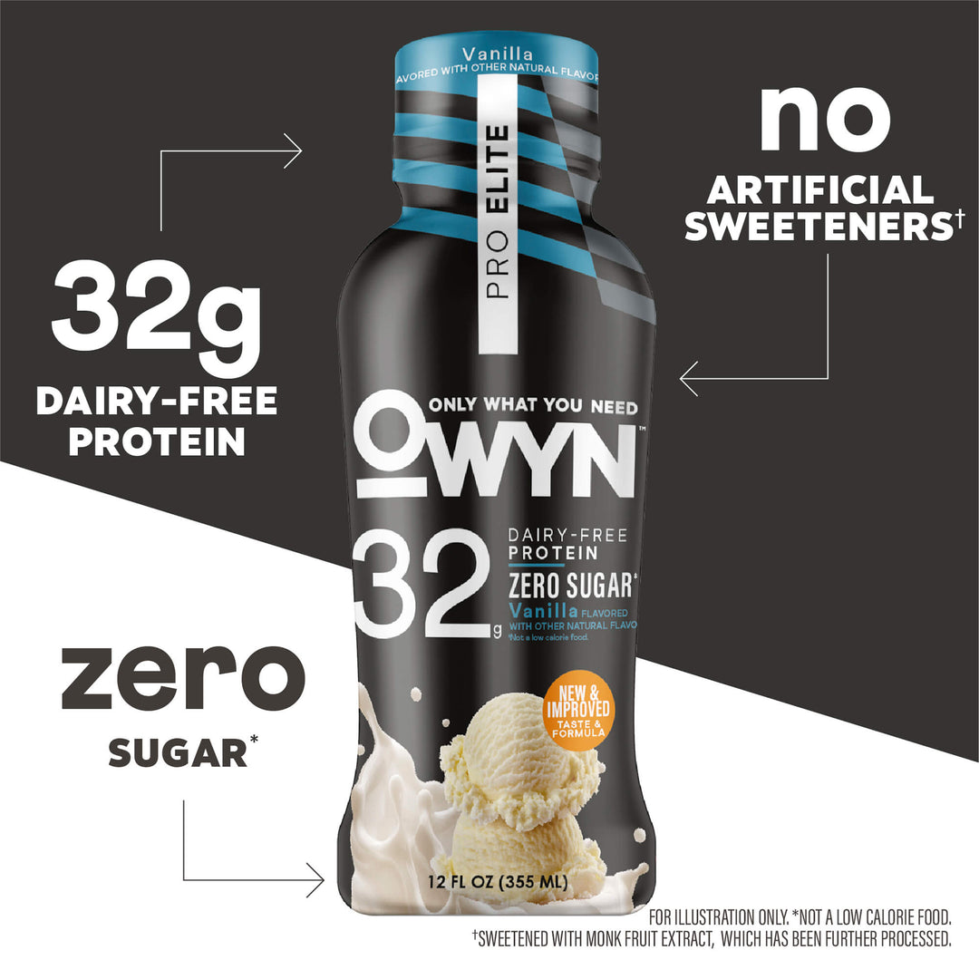 OWYN Smooth Vanilla Pro Elite Protein shake bottle with text highlighting nutritional information on a black and white background