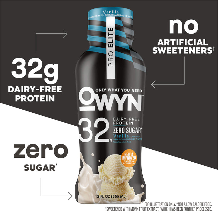 OWYN Smooth Vanilla Pro Elite Protein shake bottle with text highlighting nutritional information on a black and white background