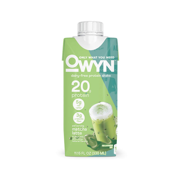 Packaging of OWYN matcha latte flavored dairy-free protein shake showing 20g protein. Green design with nutrition highlights and cup of drink image.