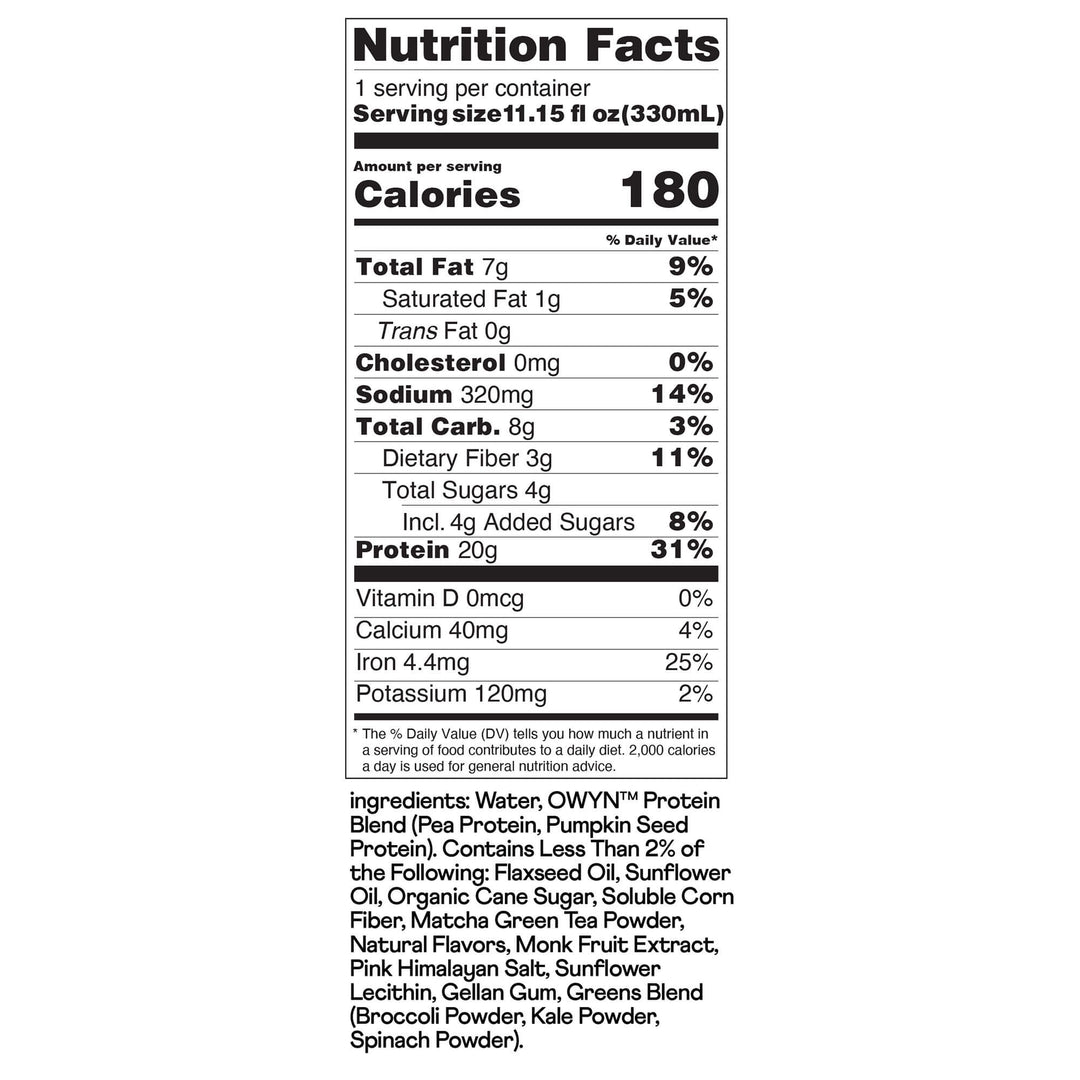 Nutrition facts label for a product. Key details: 180 calories, 20g protein, 7g fat, 8g carbs. Ingredients include pea protein and pumpkin seed.