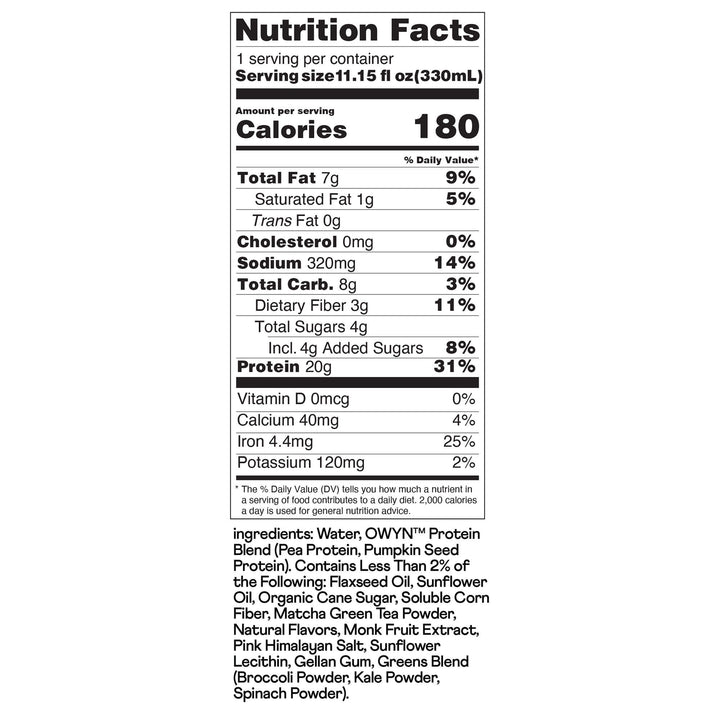 Nutrition facts label for a product. Key details: 180 calories, 20g protein, 7g fat, 8g carbs. Ingredients include pea protein and pumpkin seed.