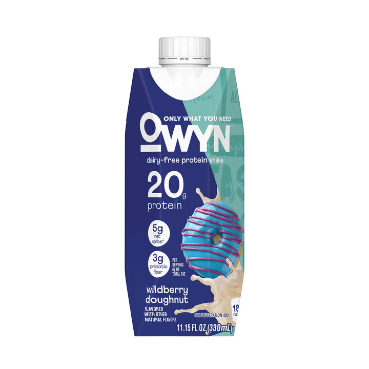 OWYN Wildberry Doughnut protein shake carton, 11.15 fl oz. Features 20g protein, vibrant wildberry doughnut image, and nutrition details.