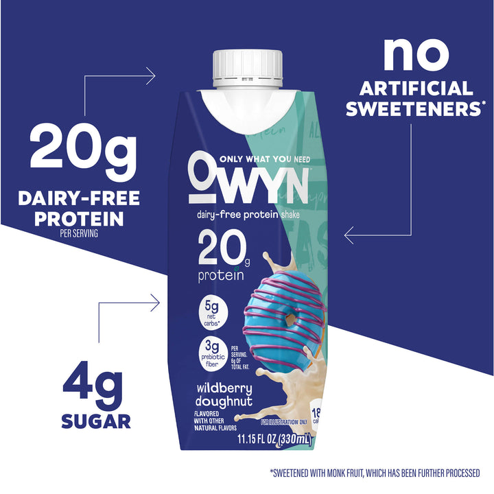 OWYN Wildberry Doughnut protein shake pack. Features include 20g dairy-free protein, 4g sugar, and no artificial sweeteners on a blue background.