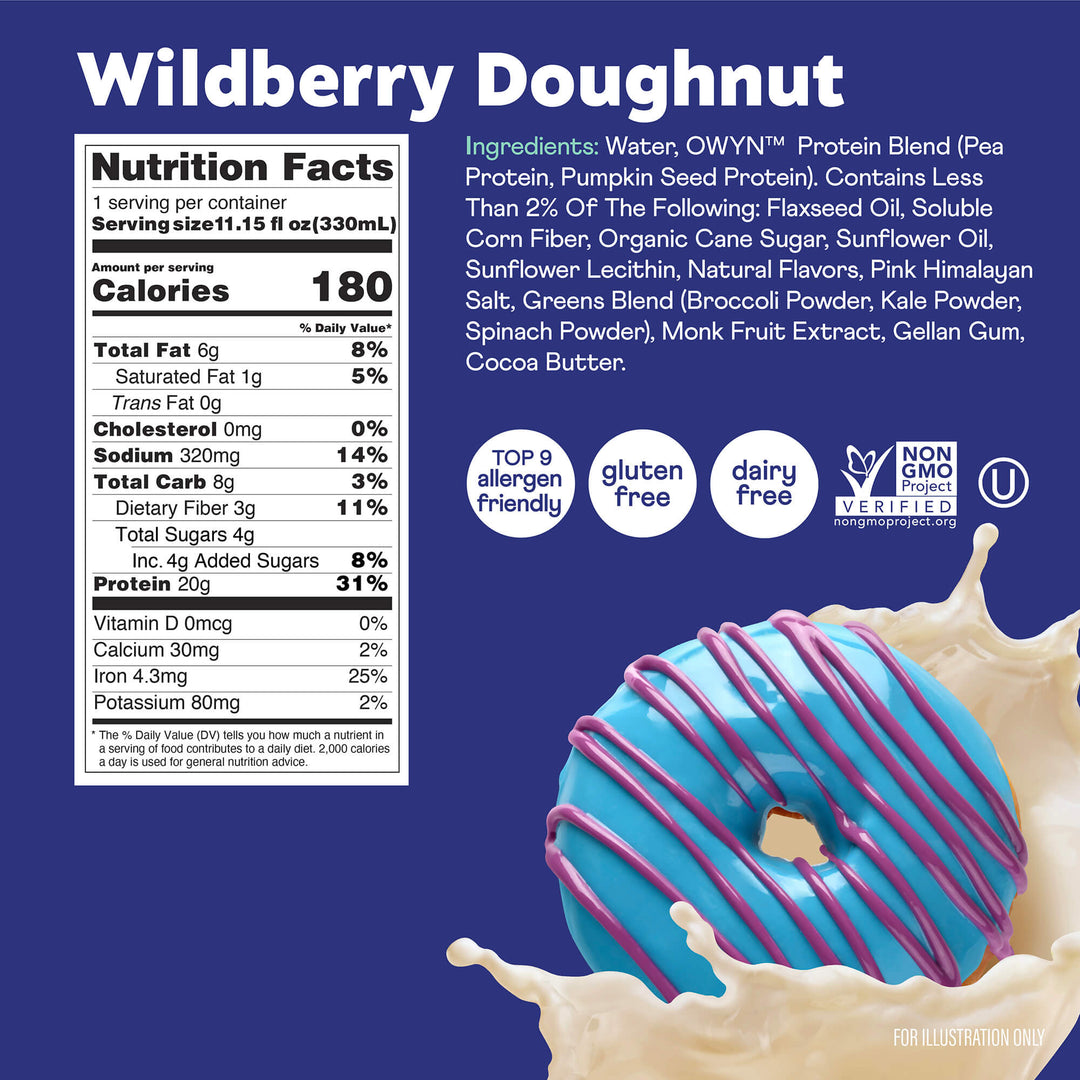 Image of a Wildberry Doughnut with vibrant blue icing and purple drizzle, splashing into milk. Includes nutrition facts and labels: allergen-friendly, gluten-free, dairy-free, and non-GMO verified.