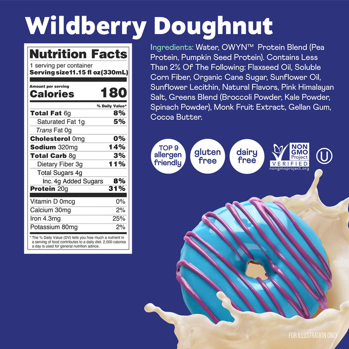 Image of a Wildberry Doughnut with vibrant blue icing and purple drizzle, splashing into milk. Includes nutrition facts and labels: allergen-friendly, gluten-free, dairy-free, and non-GMO verified.