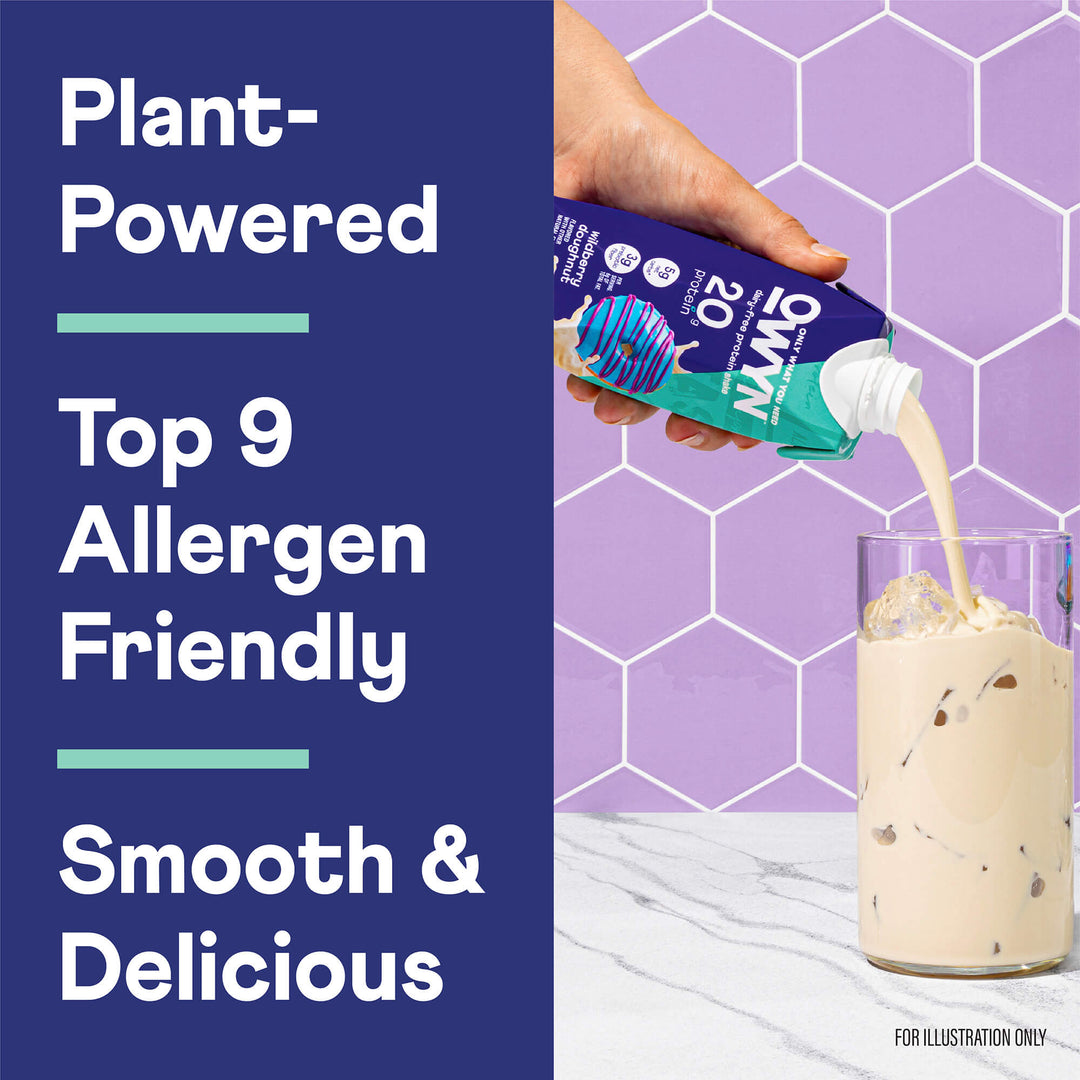 A hand pours plant-based milk from a carton into a glass with ice against a purple hexagonal tile background. Text reads "Plant-Powered, Top 9 Allergen Friendly, Smooth & Delicious."