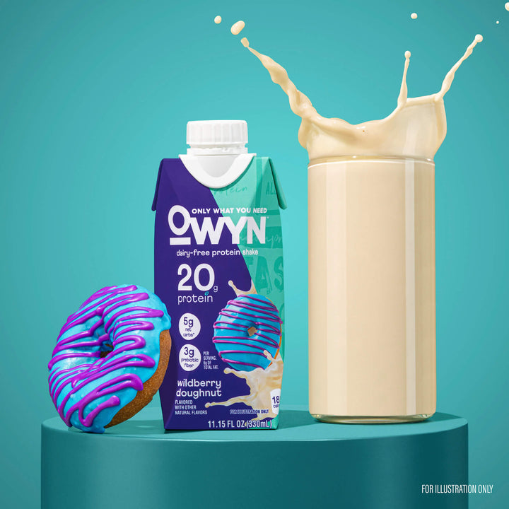 Dairy-free protein shake carton labeled "OWYN" with a wildberry doughnut pictured, alongside a glass with a splash. Vibrant background; lively, fresh tone.