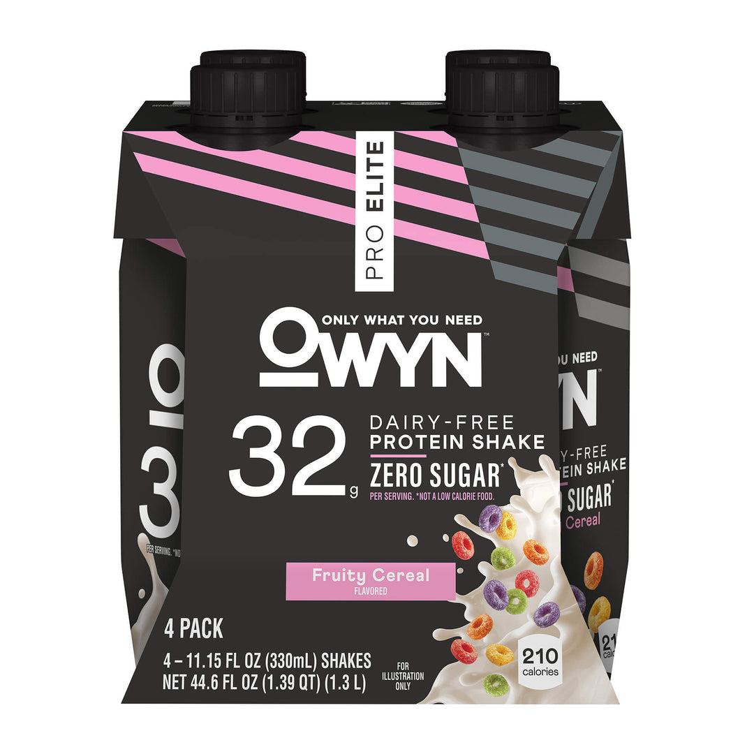 Four-pack of OWYN Pro Elite dairy-free protein shakes in a Fruity Cereal flavor. Packaging highlights 32g protein, zero sugar, 210 calories.