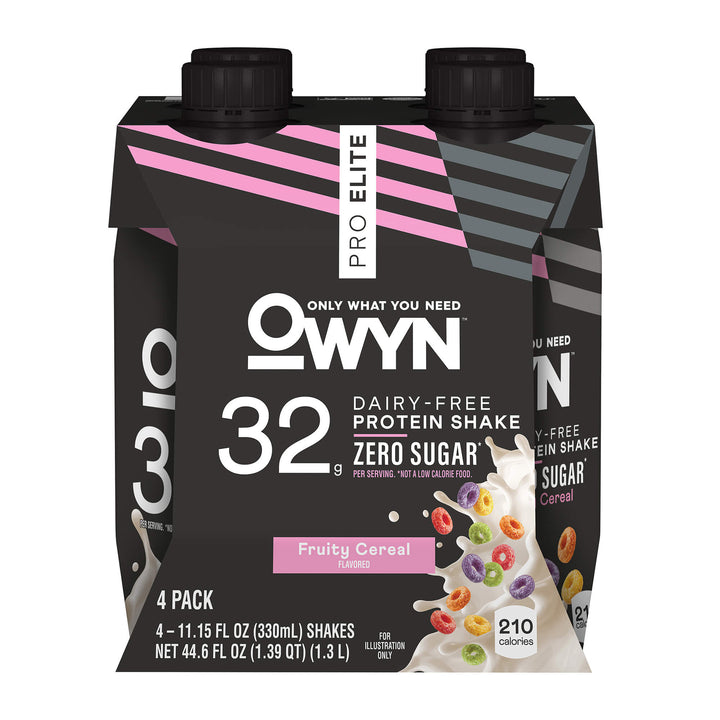 Four-pack of OWYN Pro Elite dairy-free protein shakes in a Fruity Cereal flavor. Packaging highlights 32g protein, zero sugar, 210 calories.