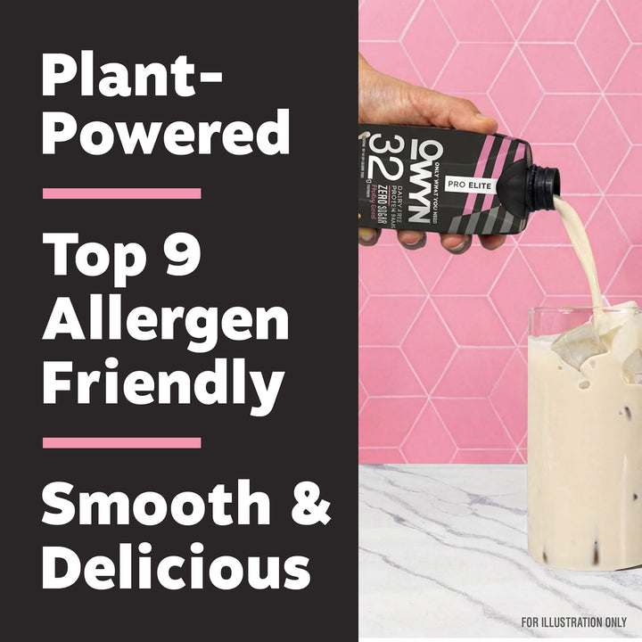 Plant-based beverage being poured into a glass with ice, set against a pink tiled background. Text reads: "Plant-Powered, Allergen Friendly, Smooth & Delicious."