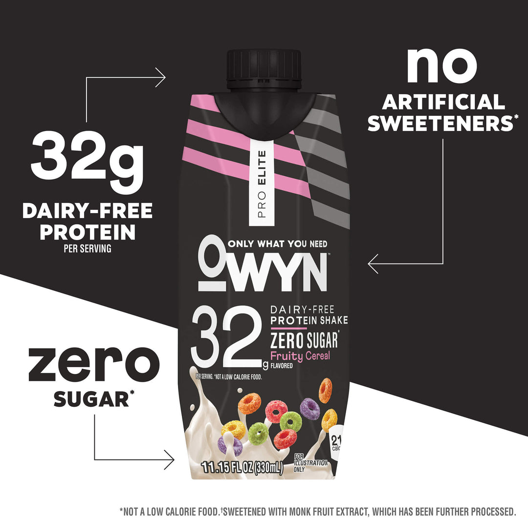 Packaging of OWYN Pro Elite protein shake, "Fruity Cereal" flavor. Highlights include "32g dairy-free protein," "zero sugar," and "no artificial sweeteners."