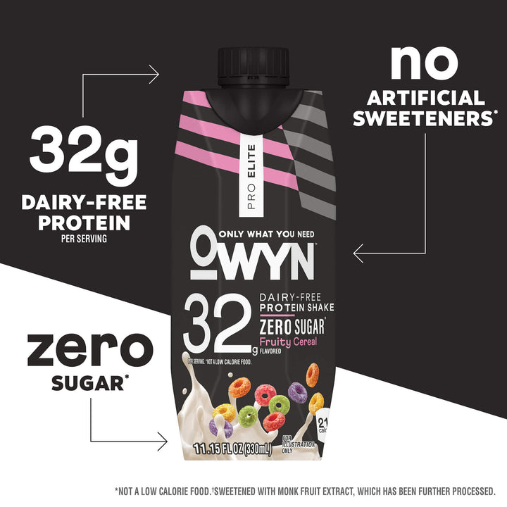 Packaging of OWYN Pro Elite protein shake, "Fruity Cereal" flavor. Highlights include "32g dairy-free protein," "zero sugar," and "no artificial sweeteners."