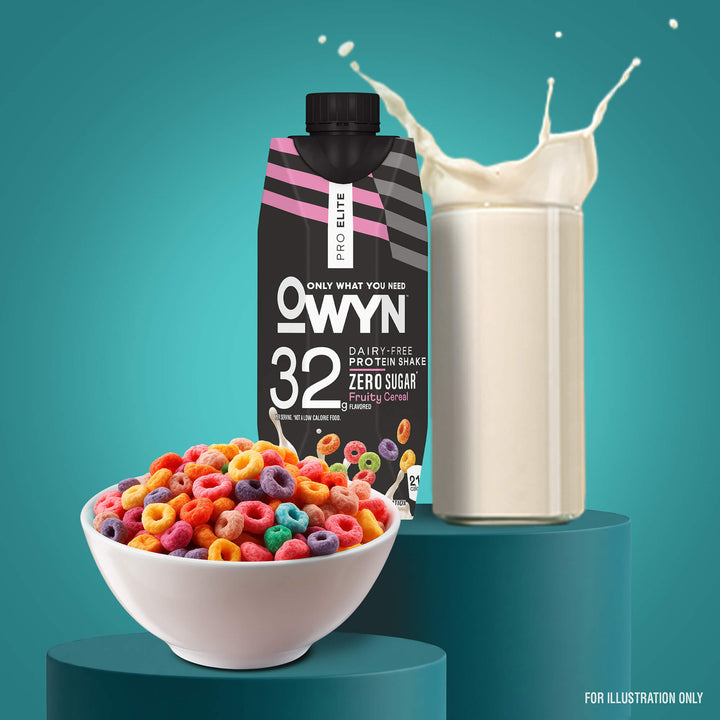 A colorful, vibrant image featuring a bowl of multi-colored cereal loops beside an OWYN dairy-free protein shake container. Milk splashes in the background.