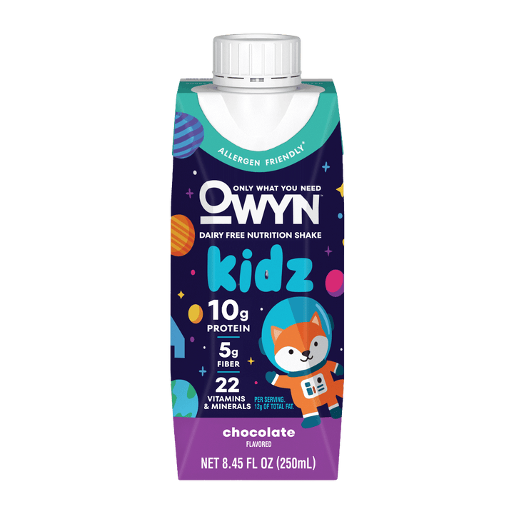 OWYN Kidz Chocolate Dairy-Free Nutrition Shake, 8.45 fl oz., with 10g plant-based protein, 5g fiber, 22 vitamins and minerals, and allergen-friendly ingredients.
